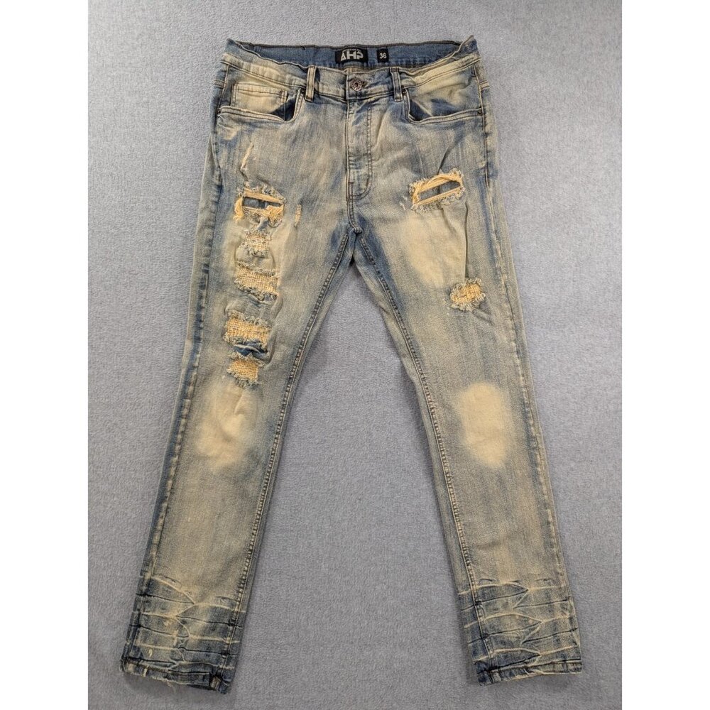 AHP Another Hype Piece Jeans Mens SZ 36 Blue Distressed Whiskers Slim Straight